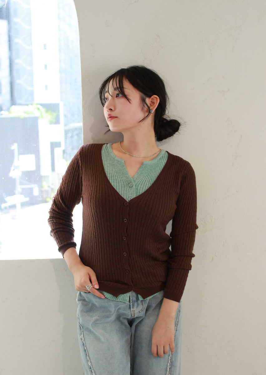 フェイク2ピース ケーブルニットカーデ