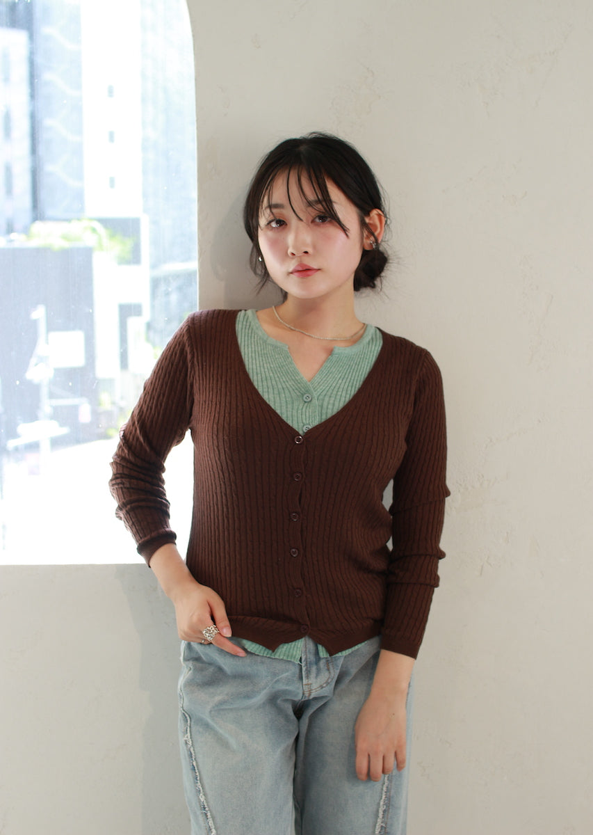 フェイク2ピース ケーブルニットカーデ