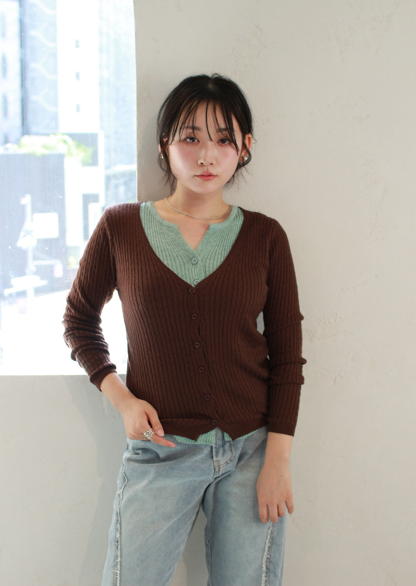 フェイク2ピース ケーブルニットカーデ