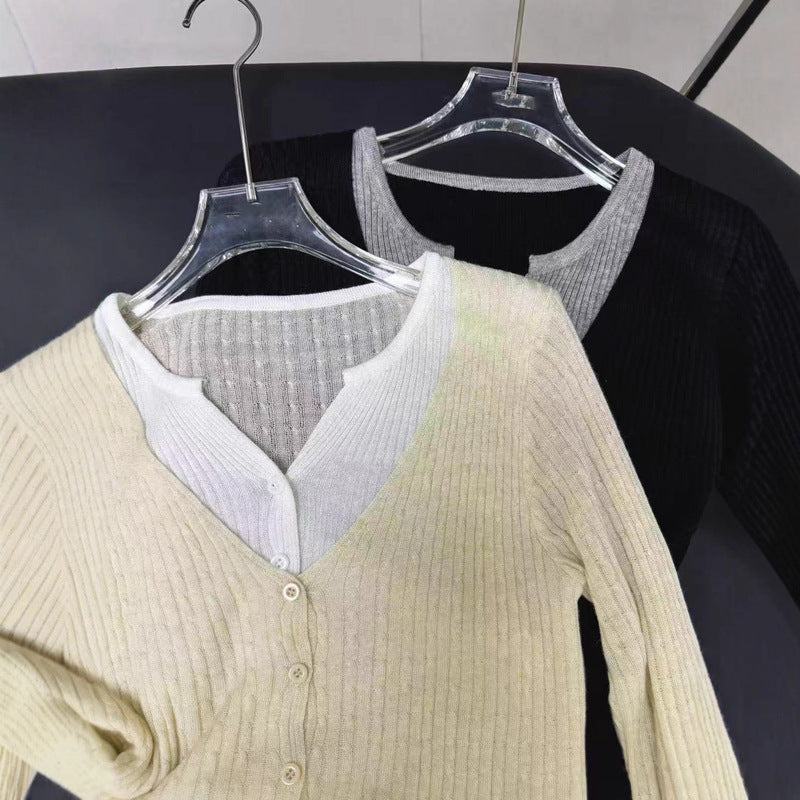 フェイク2ピース ケーブルニットカーデ