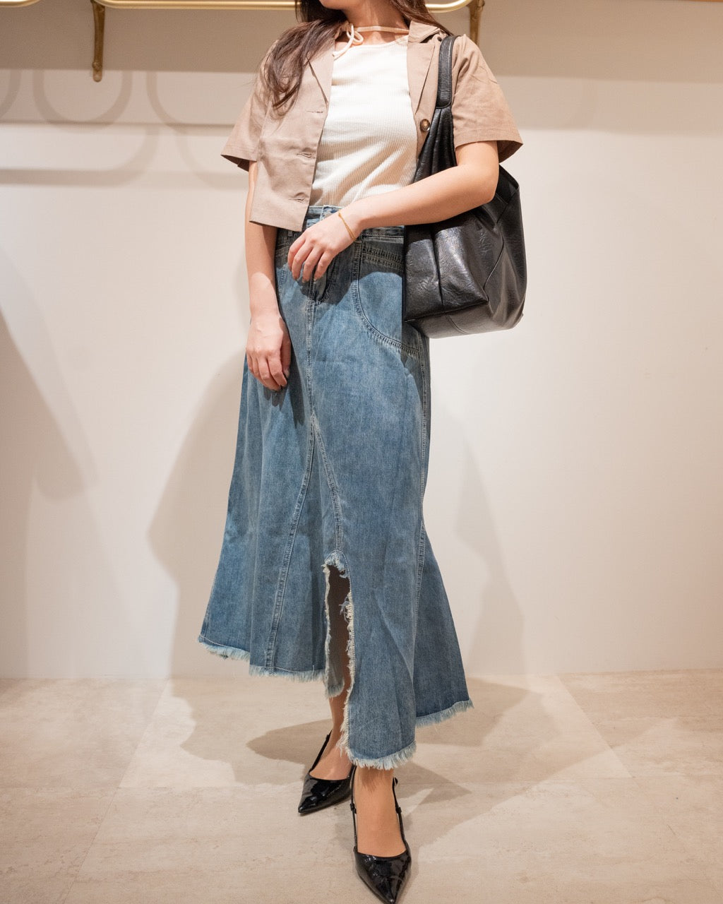フリンジスリットデニムロングスカート