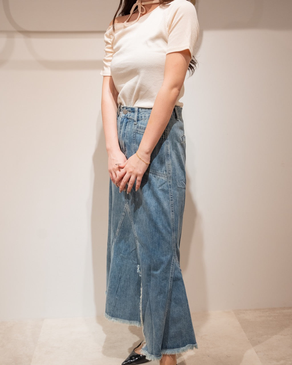 フリンジスリットデニムロングスカート