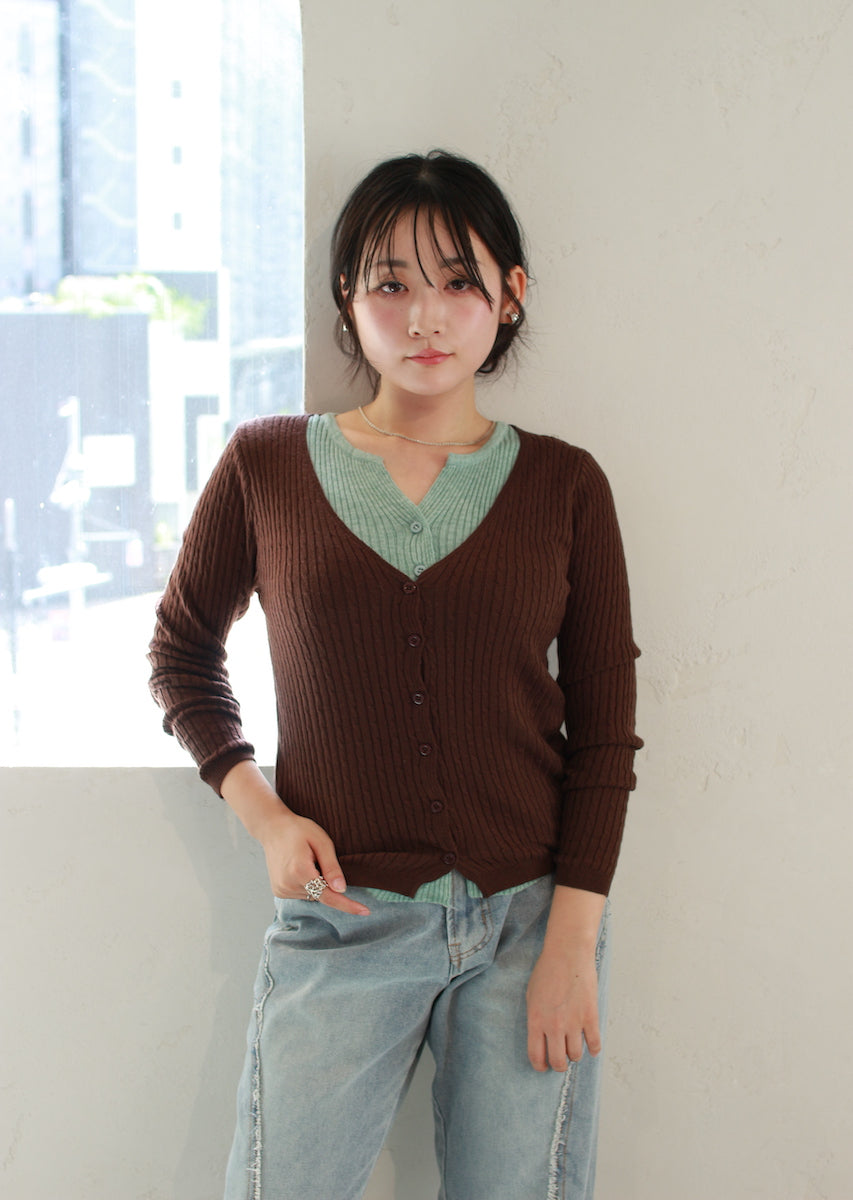 フェイク2ピース ケーブルニットカーデ