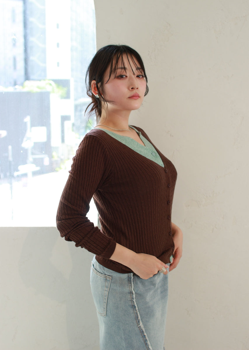 フェイク2ピース ケーブルニットカーデ