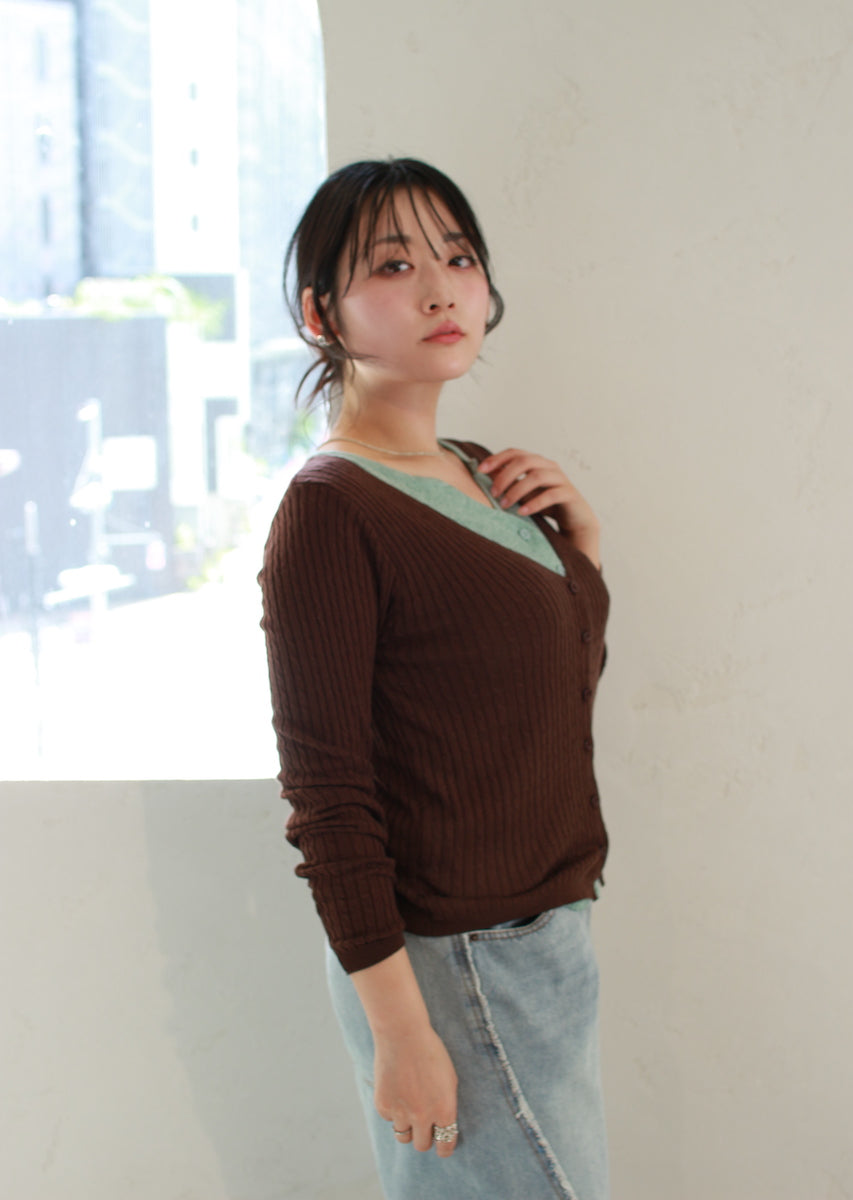 フェイク2ピース ケーブルニットカーデ