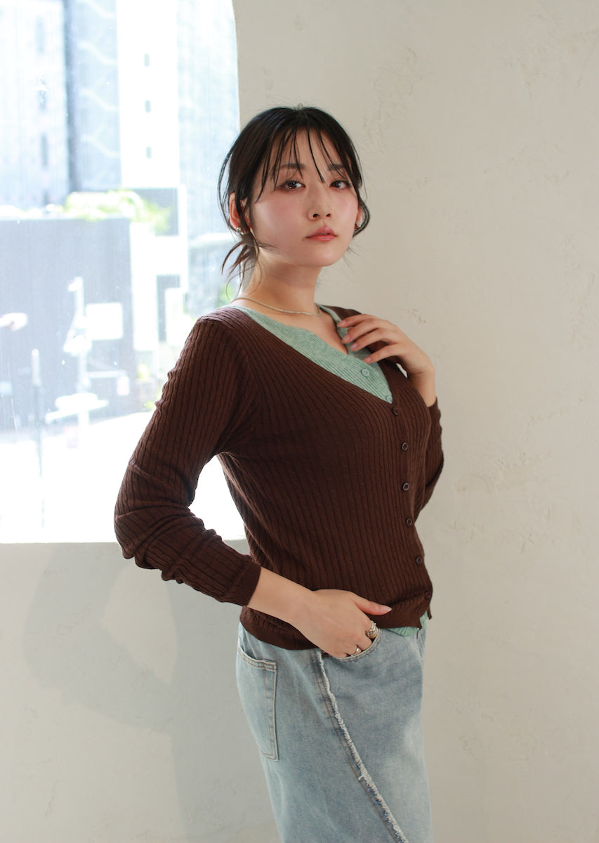 フェイク2ピース ケーブルニットカーデ