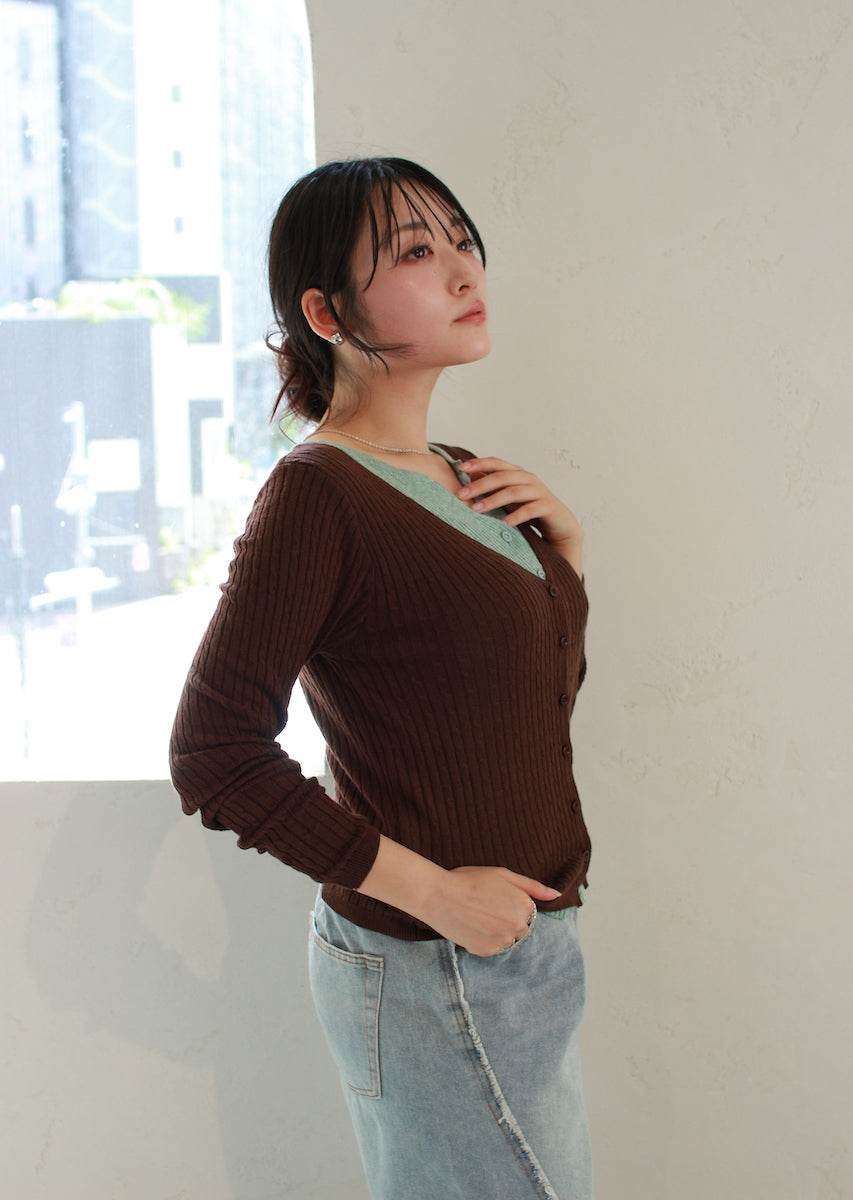 フェイク2ピース ケーブルニットカーデ