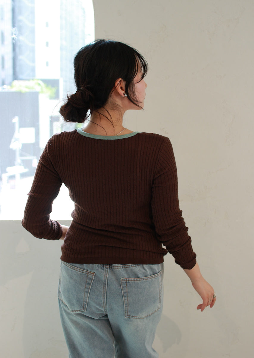 フェイク2ピース ケーブルニットカーデ