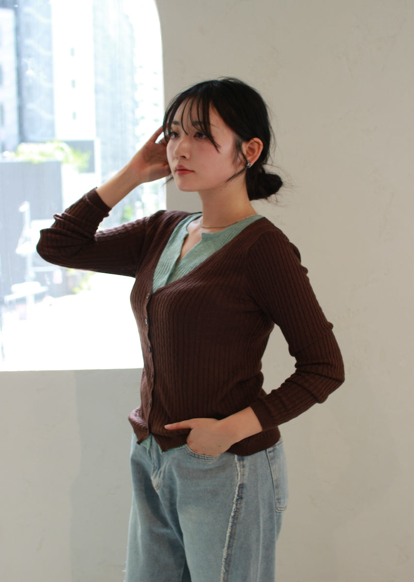 フェイク2ピース ケーブルニットカーデ