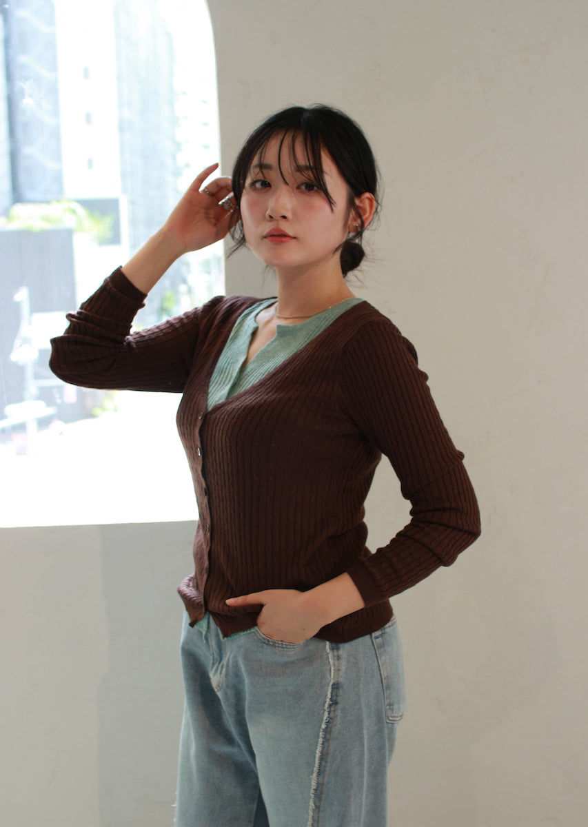 フェイク2ピース ケーブルニットカーデ