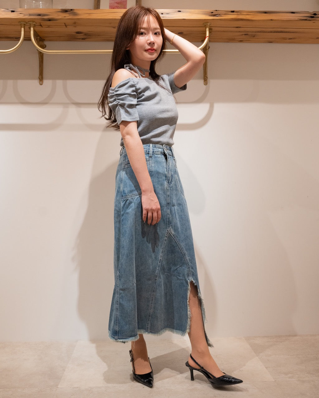 フリンジスリットデニムロングスカート